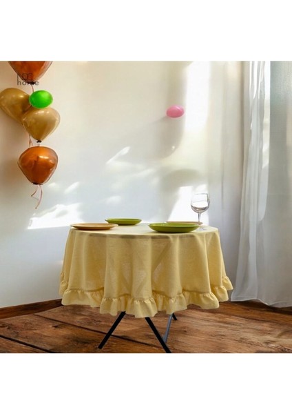 Sarı Keten Fırfırlı Yuvarlak Masa Örtüsü, Şık ve Doğal Görünüm Sağlar. modelleri