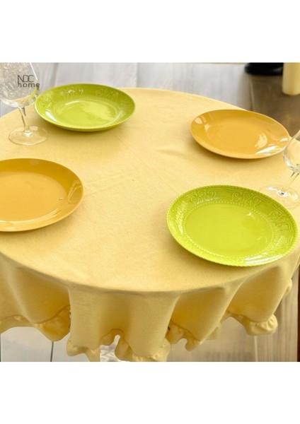 Sarı Keten Fırfırlı Yuvarlak Masa Örtüsü, Şık ve Doğal Görünüm Sağlar. fırsatları