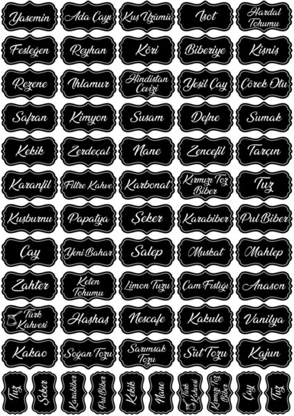 Siyah 104 Adet Baharat ve Bakliyat Kavanoz Sticker Seti, Etiketler