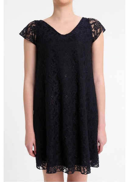 Lacivert Yaka Detaylı Güpür Işlemeli Dantel Elbise Gündüz - Gece Şıklığı 20L6805 fırsatları