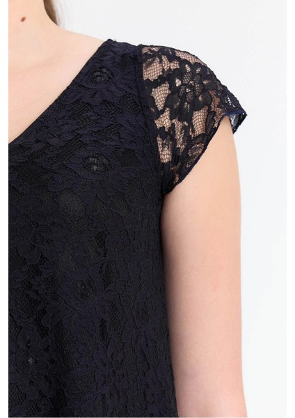 Lacivert Yaka Detaylı Güpür Işlemeli Dantel Elbise Gündüz - Gece Şıklığı 20L6805 indirimleri