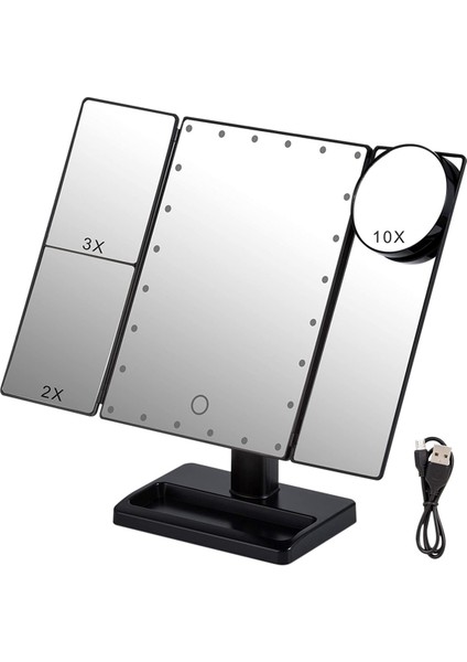 22 LED Işıklı Üç Katlı Makyaj Aynası, 10X/3X/2X Büyütme, Taşınabilir Katlanabilir Aydınlatmalı Masa Üstü Kozmetik Aynası, Siyah (Yurt Dışından)