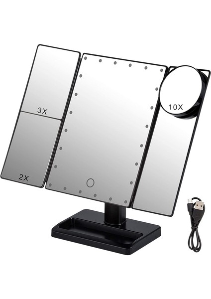 22 LED Işıklı Üç Katlı Makyaj Aynası, 10X/3X/2X Büyütme, Taşınabilir Katlanabilir Aydınlatmalı Masa Üstü Kozmetik Aynası, Siyah (Yurt Dışından) fiyatları
