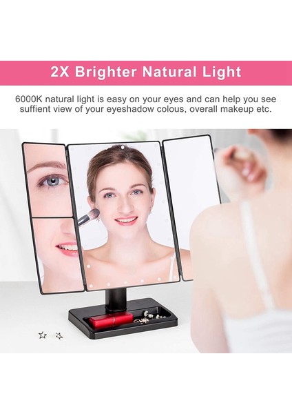 22 LED Işıklı Üç Katlı Makyaj Aynası, 10X/3X/2X Büyütme, Taşınabilir Katlanabilir Aydınlatmalı Masa Üstü Kozmetik Aynası, Siyah (Yurt Dışından) fırsatları