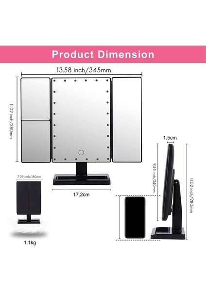 22 LED Işıklı Üç Katlı Makyaj Aynası, 10X/3X/2X Büyütme, Taşınabilir Katlanabilir Aydınlatmalı Masa Üstü Kozmetik Aynası, Siyah (Yurt Dışından) indirimleri