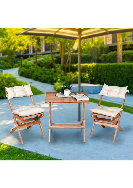 Ahşap Katlanır Puf Minderli 3'lü Bistro Set Bahçe Takımı Naturel Krem
