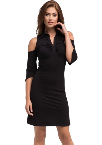 Siyah Omuz Dekolteli Yakada Büzgü Detaylı Elbise Gündüz Gece Şıklığı 24L7541 fiyatları