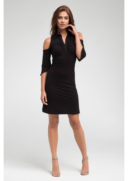 Siyah Omuz Dekolteli Yakada Büzgü Detaylı Elbise Gündüz Gece Şıklığı 24L7541 fırsatları