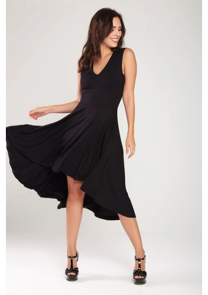 Siyah V Yaka Hareketli Etek Detay Asimetrik Kesim Elbise 24L7546