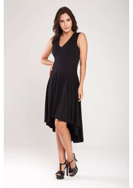 Siyah V Yaka Hareketli Etek Detay Asimetrik Kesim Elbise 24L7546 modelleri