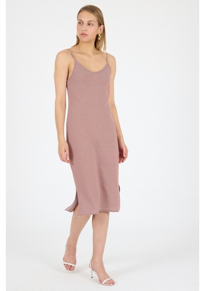 Ayarlanabilir Askılı Yırtmaç Tasarım Geometrik Desen Jakarlı Örme Midi Elbise 25L7114