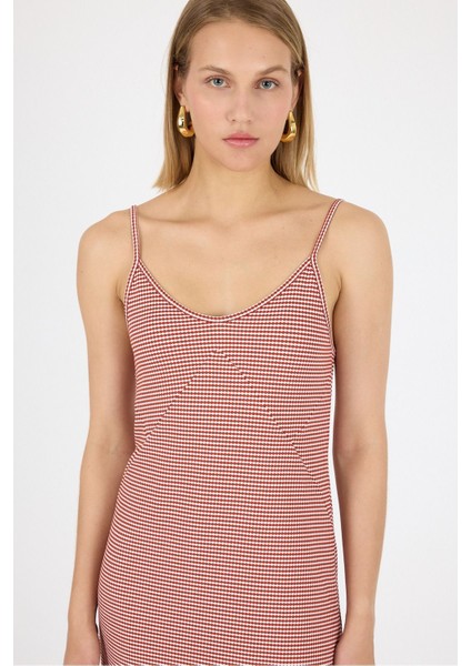 Ayarlanabilir Askılı Yırtmaç Tasarım Geometrik Desen Jakarlı Örme Midi Elbise 25L7114