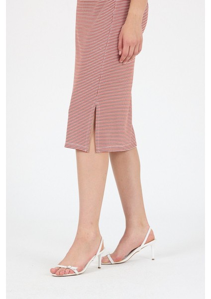 Ayarlanabilir Askılı Yırtmaç Tasarım Geometrik Desen Jakarlı Örme Midi Elbise 25L7114