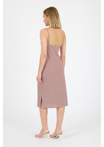 Ayarlanabilir Askılı Yırtmaç Tasarım Geometrik Desen Jakarlı Örme Midi Elbise 25L7114