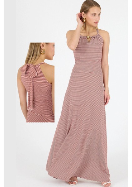 Boyundan Bağlaması ile Yaka Açıklığı Ayarlanabilir Boncuk Detay Jakarlı Örme Elbise 25L8107