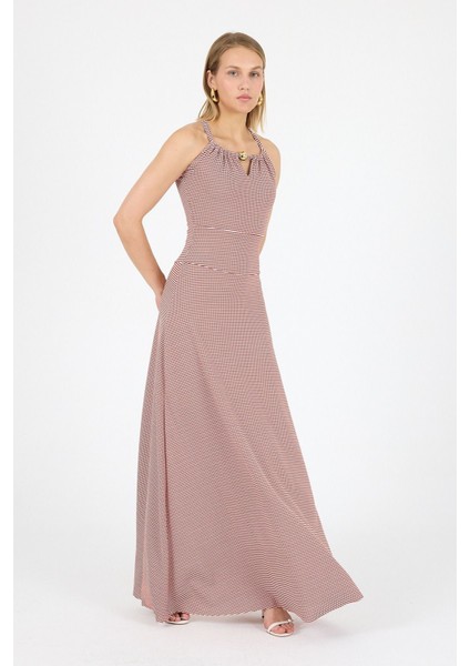 Boyundan Bağlaması ile Yaka Açıklığı Ayarlanabilir Boncuk Detay Jakarlı Örme Elbise 25L8107 modelleri