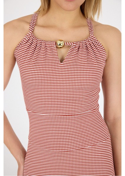 Boyundan Bağlaması ile Yaka Açıklığı Ayarlanabilir Boncuk Detay Jakarlı Örme Elbise 25L8107 fırsatları