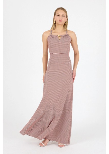 Boyundan Bağlaması ile Yaka Açıklığı Ayarlanabilir Boncuk Detay Jakarlı Örme Elbise 25L8107 indirimleri