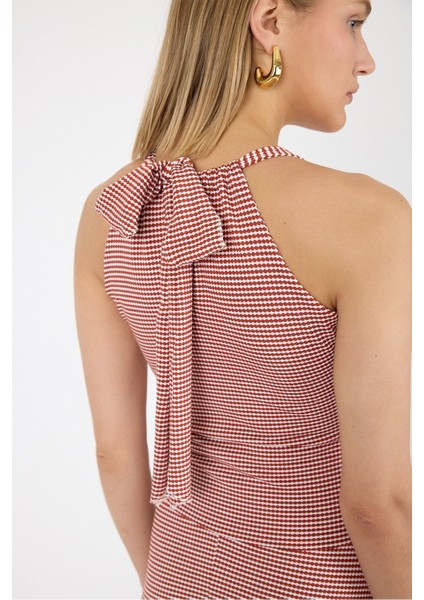 Boyundan Bağlaması ile Yaka Açıklığı Ayarlanabilir Boncuk Detay Jakarlı Örme Elbise 25L8107