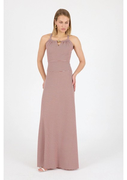 Boyundan Bağlaması ile Yaka Açıklığı Ayarlanabilir Boncuk Detay Jakarlı Örme Elbise 25L8107