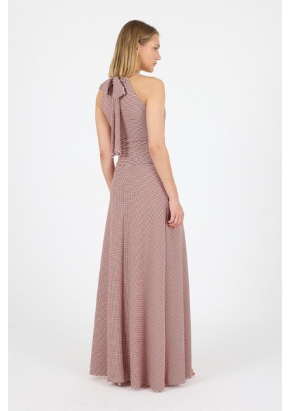 Boyundan Bağlaması ile Yaka Açıklığı Ayarlanabilir Boncuk Detay Jakarlı Örme Elbise 25L8107