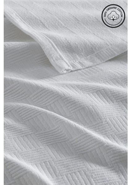 Çift Kişilik %100 Pamuk Küçük Dama Desenli Yatak Örtüsü, Otel Şıklığında Lüx Beyaz