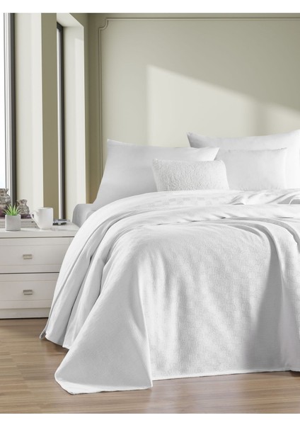 Çift Kişilik %100 Pamuk Küçük Dama Desenli Yatak Örtüsü, Otel Şıklığında Lüx Beyaz fırsatları