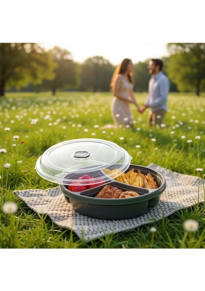 3 Bölmeli Kapaklı Mikrodalga Saklama Kabı, Gri, 21X21X5 Cm, Pratik ve Şık Tasarım