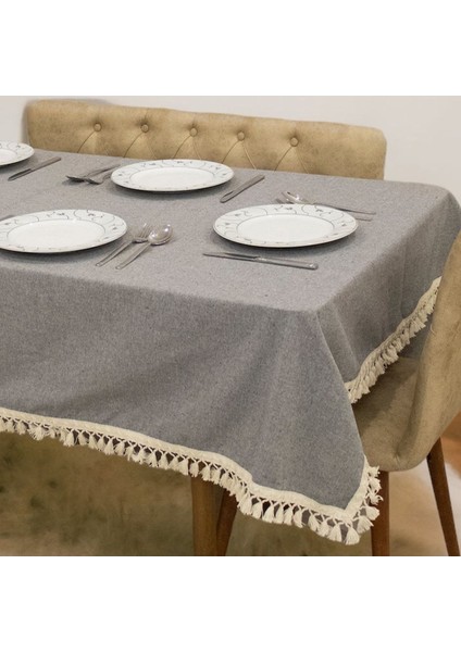 Gri Antrasit Pamuk Keten Ham Ponponlu Şık Masa Örtüsü