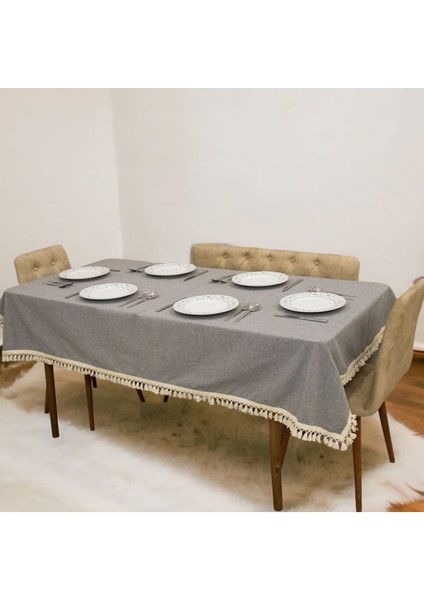 Gri Antrasit Pamuk Keten Ham Ponponlu Şık Masa Örtüsü fiyatları