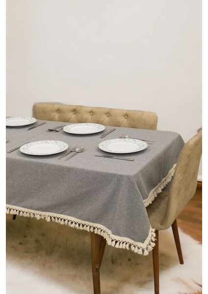 Gri Antrasit Pamuk Keten Ham Ponponlu Şık Masa Örtüsü modelleri