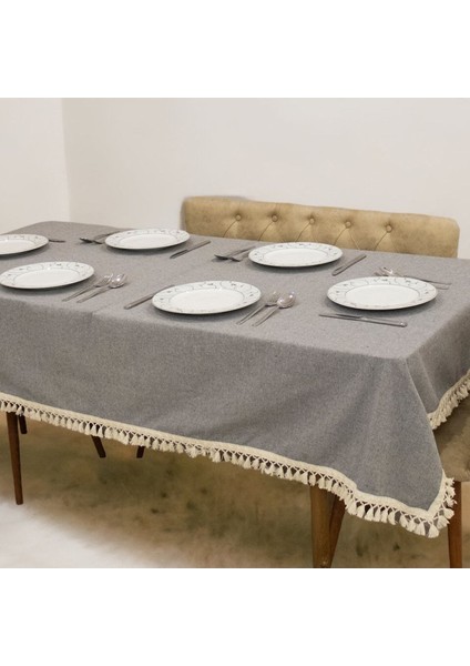 Gri Antrasit Pamuk Keten Ham Ponponlu Şık Masa Örtüsü fırsatları