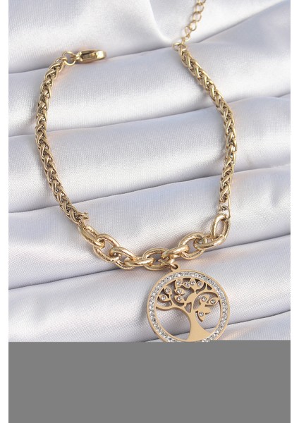 316L Çelik Gold Renk Zirkon Taşlı Yaşam Ağacı Figür Kadın Bileklik