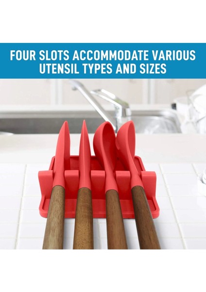 Kırmızı Silikon Mutfak Seti, Spatula, Kaşıklık, Çatallık ve Düzenleyici