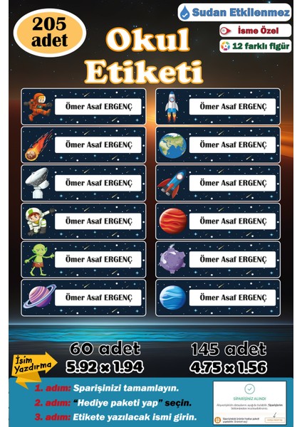 Kişiye Isme Özel Okul Etiketi Isim Etiketi Kalem Defter Etiketi Sticker Uzay Figürlü Isimli Etiket