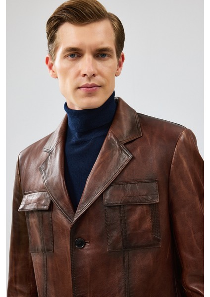 Kevin Erkek Kahverengi Blazer Deri Ceket