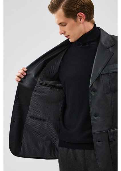 Kevin Erkek Siyah Blazer Deri Ceket