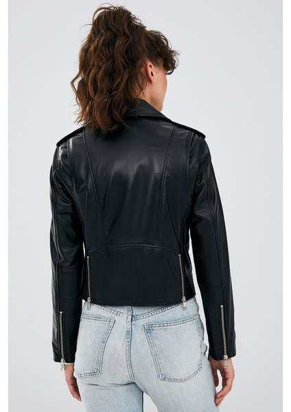 Newage Kadın Siyah Biker Deri Ceket