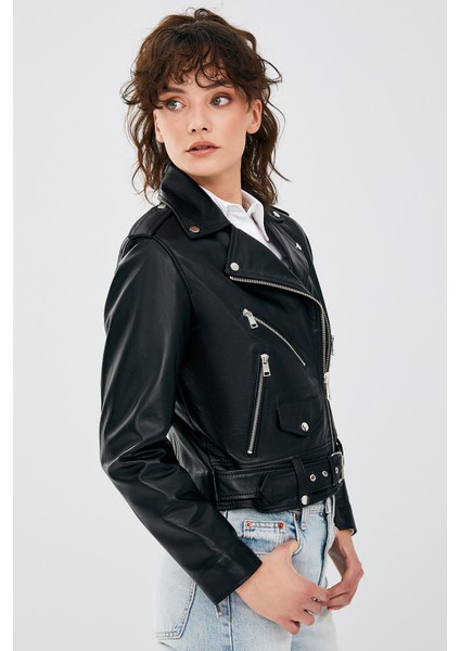Newage Kadın Siyah Biker Deri Ceket