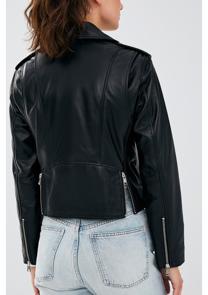 Newage Kadın Siyah Biker Deri Ceket