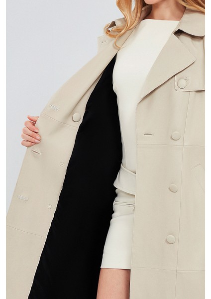 Fergie Kadın Bej Uzun Deri Trençkot