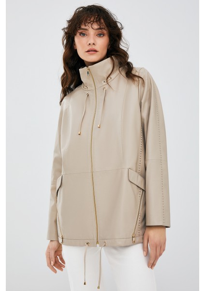Nancy Kadın Kapüşonlu Deri Mont