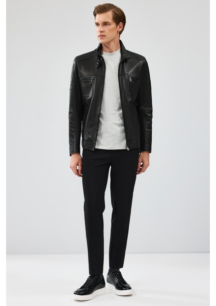 Wade Erkek Siyah Slim-Fit Deri Mont