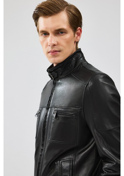 Wade Erkek Siyah Slim-Fit Deri Mont