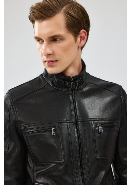 Wade Erkek Siyah Slim-Fit Deri Mont