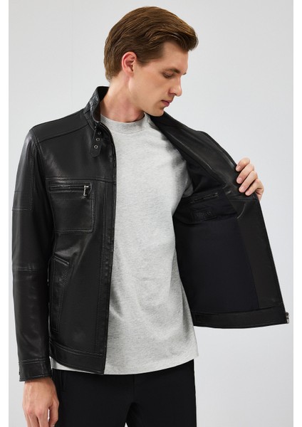 Wade Erkek Siyah Slim-Fit Deri Mont