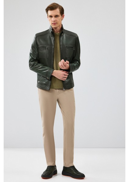 Wade Erkek Haki Slim-Fit Deri Mont