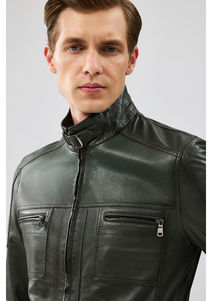 Wade Erkek Haki Slim-Fit Deri Mont