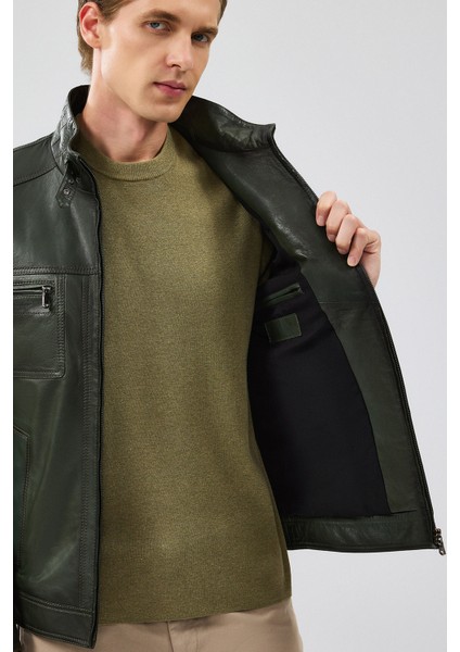 Wade Erkek Haki Slim-Fit Deri Mont