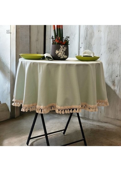 Yeşil Yuvarlak Keten Masa Örtüsü, Ham Ponpon Detaylı, Şık ve Zarif Tasarım fiyatları